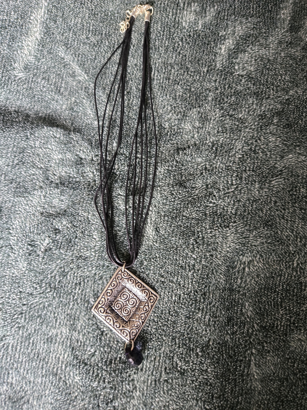 Multi-Strand Black Cord Necklace with Silver-Tone Filigree Pendant